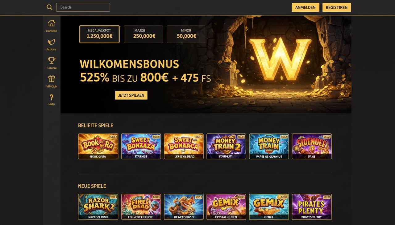 Startseite von Winhero mit Willkommensbonus und Übersicht der Spielautomaten