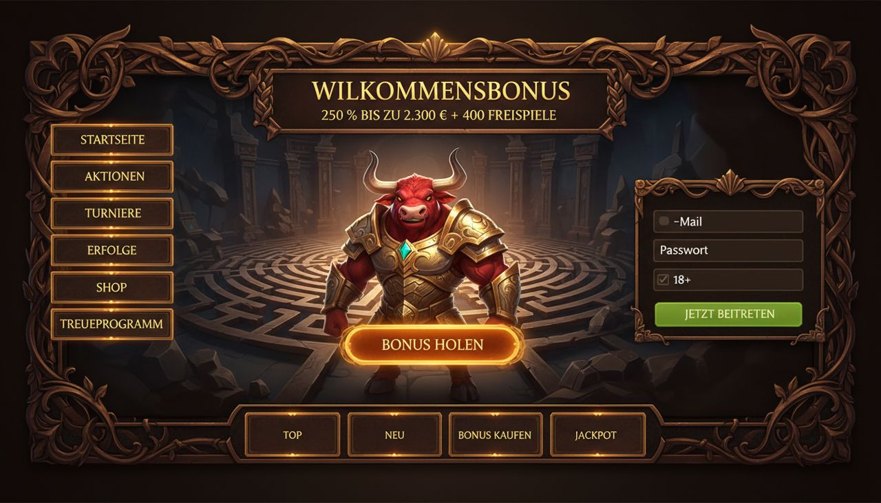Startseite von Mino Casino mit Willkommensbonus, Registrierungsformular und Spielkategorien