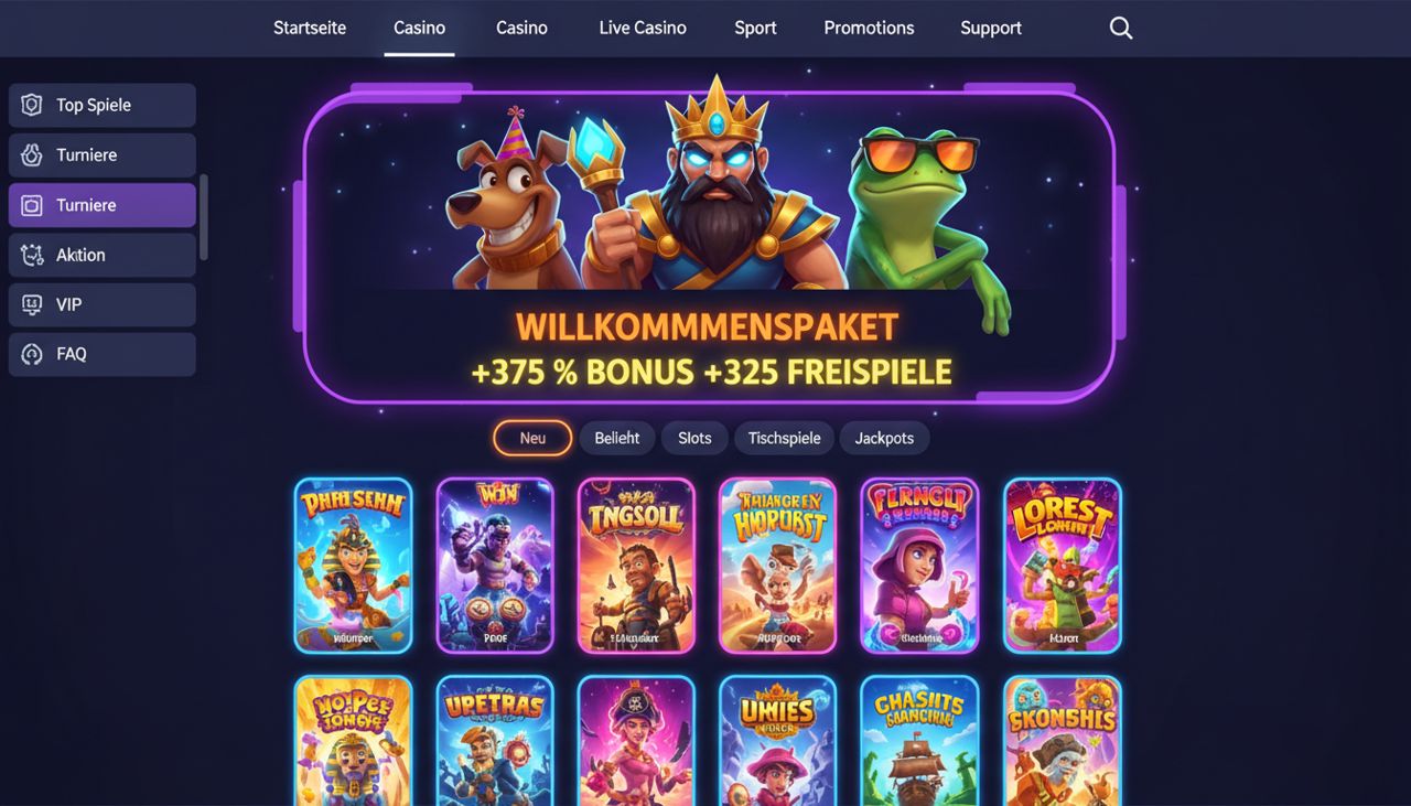 Lobby des Online Casinos Dazard mit Spielkategorien und Willkommensangebot