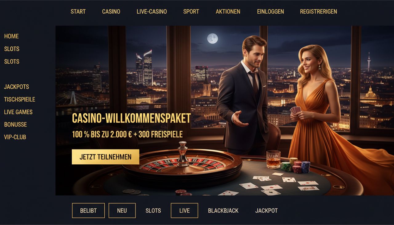 Startseite von TowerCasino mit Menüleiste, Willkommensbanner und Spielkategorien