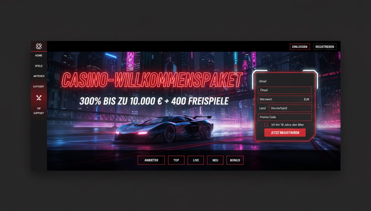 Startseite von Redracer mit Registrierungsformular und Banner zum Willkommenspaket